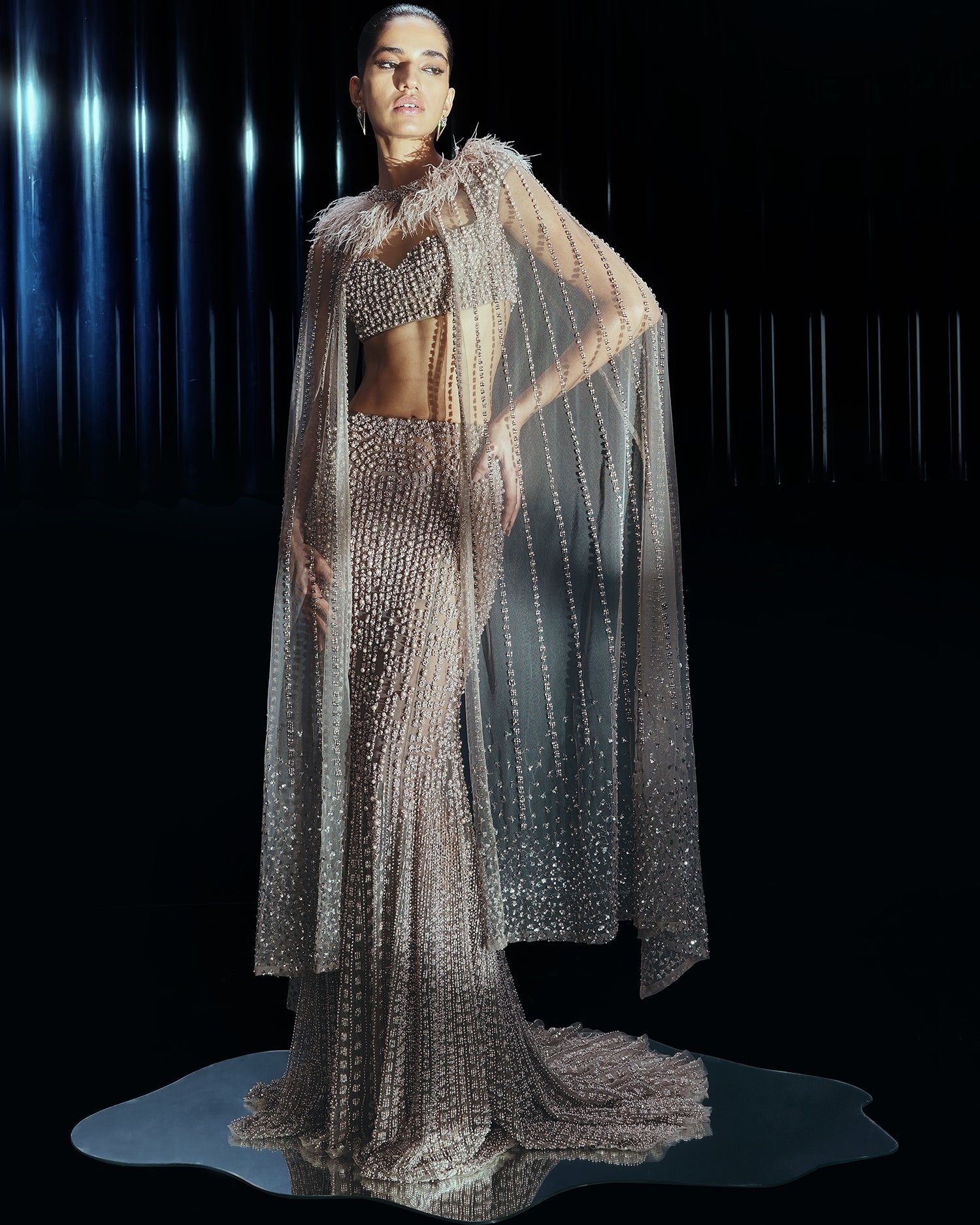 Elysian Spark Lehenga Paired With Statement Crystal Cape