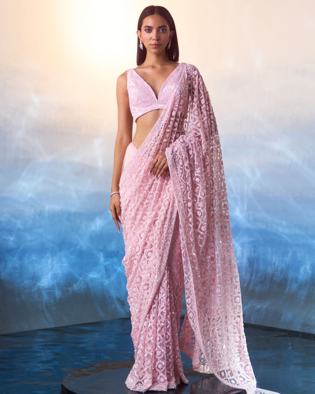 Pink Net Sari Set
