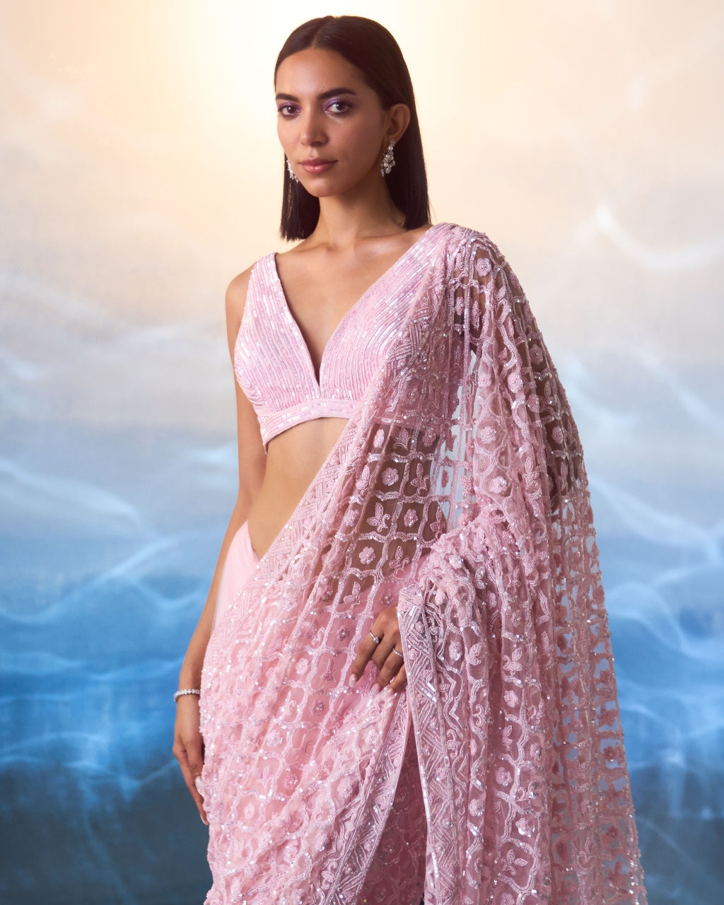 Pink Net Sari Set