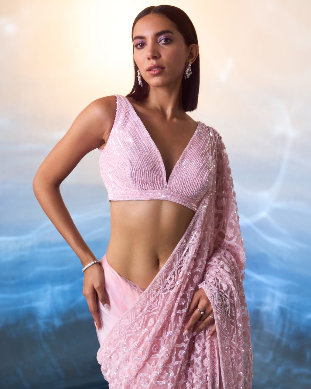 Pink Net Sari Set