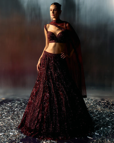 Deep Wine Tulle Lehenga Set
