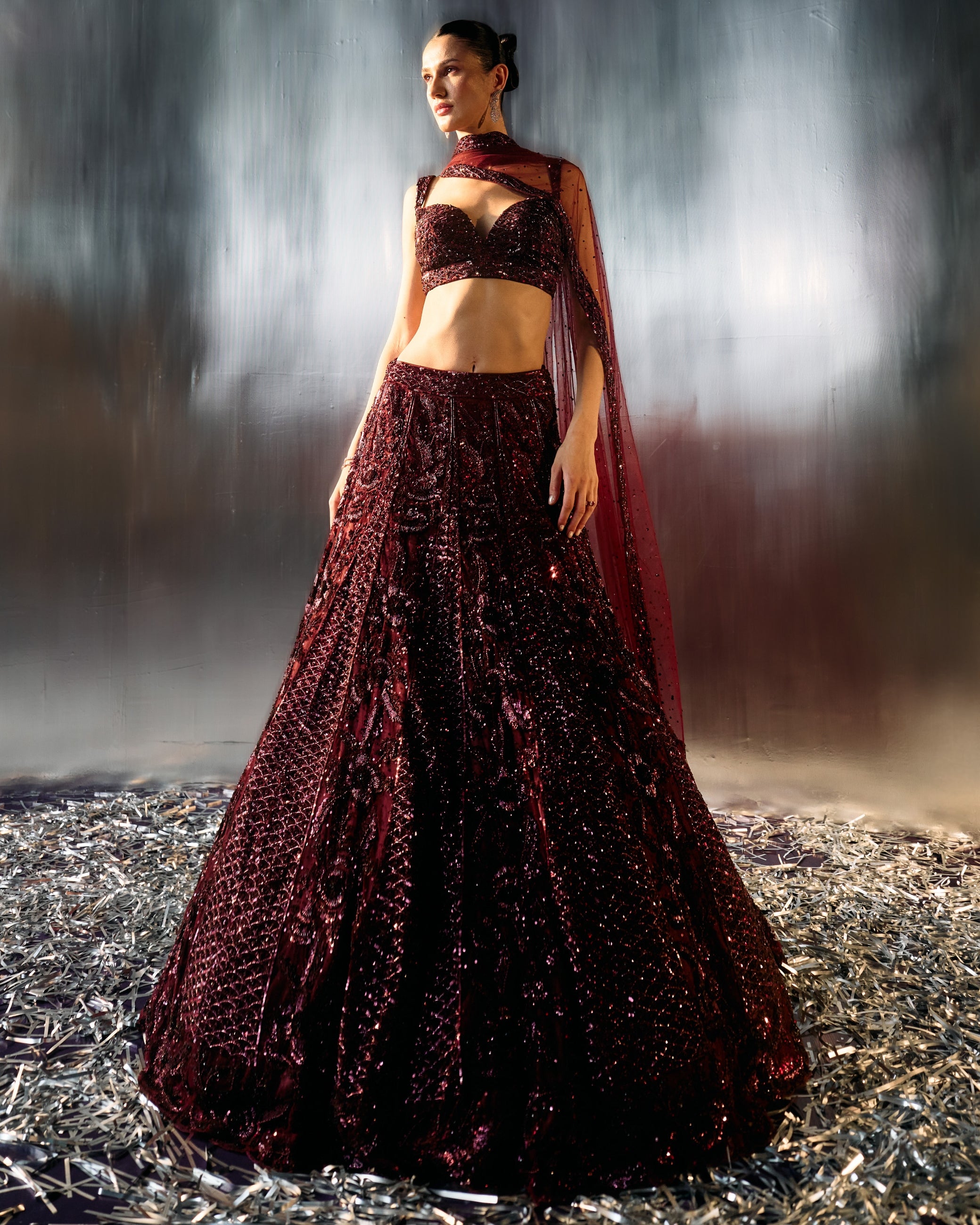 Deep Wine Tulle Lehenga Set