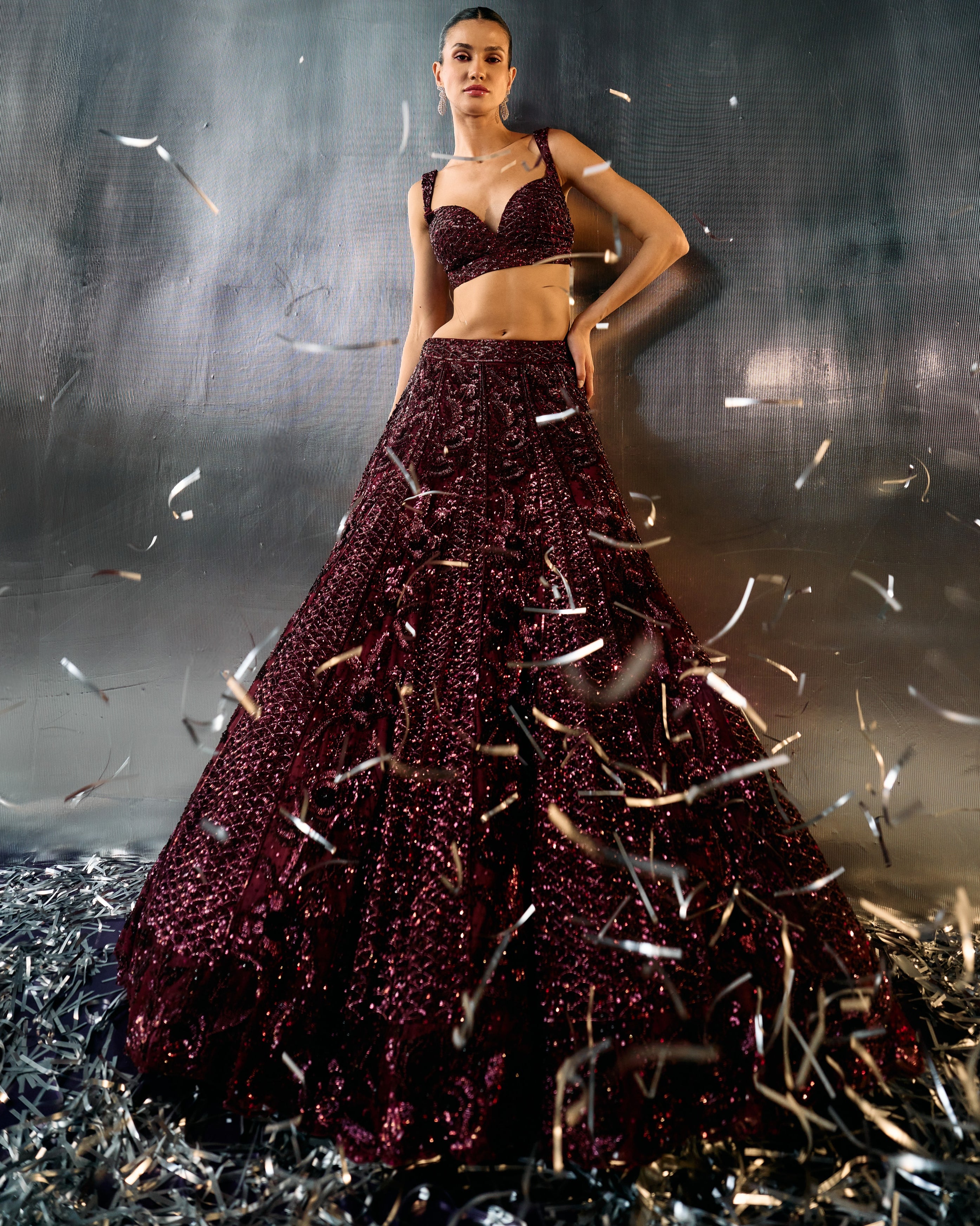 Deep Wine Tulle Lehenga Set