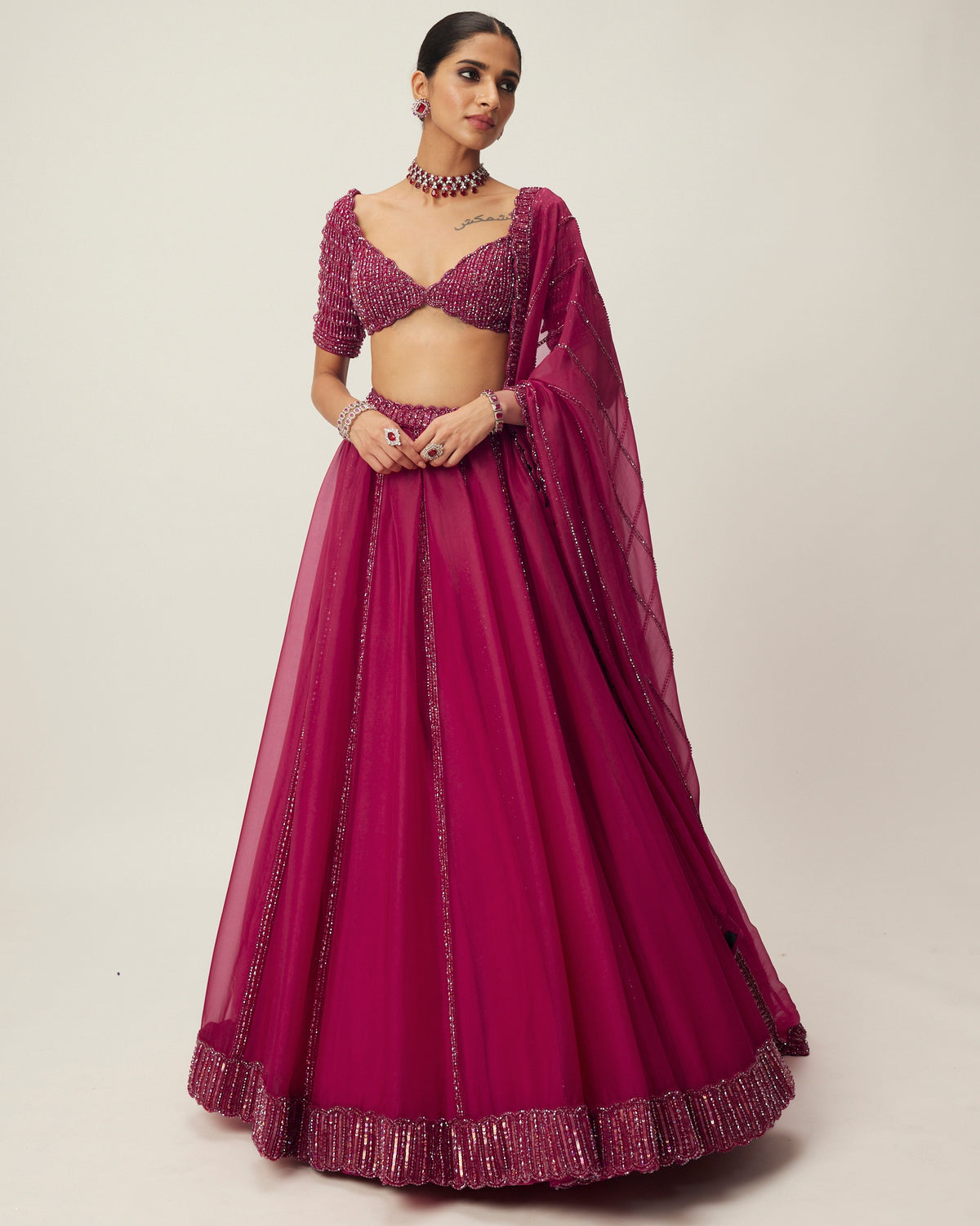 Ruby Red Organza Lehenga Set