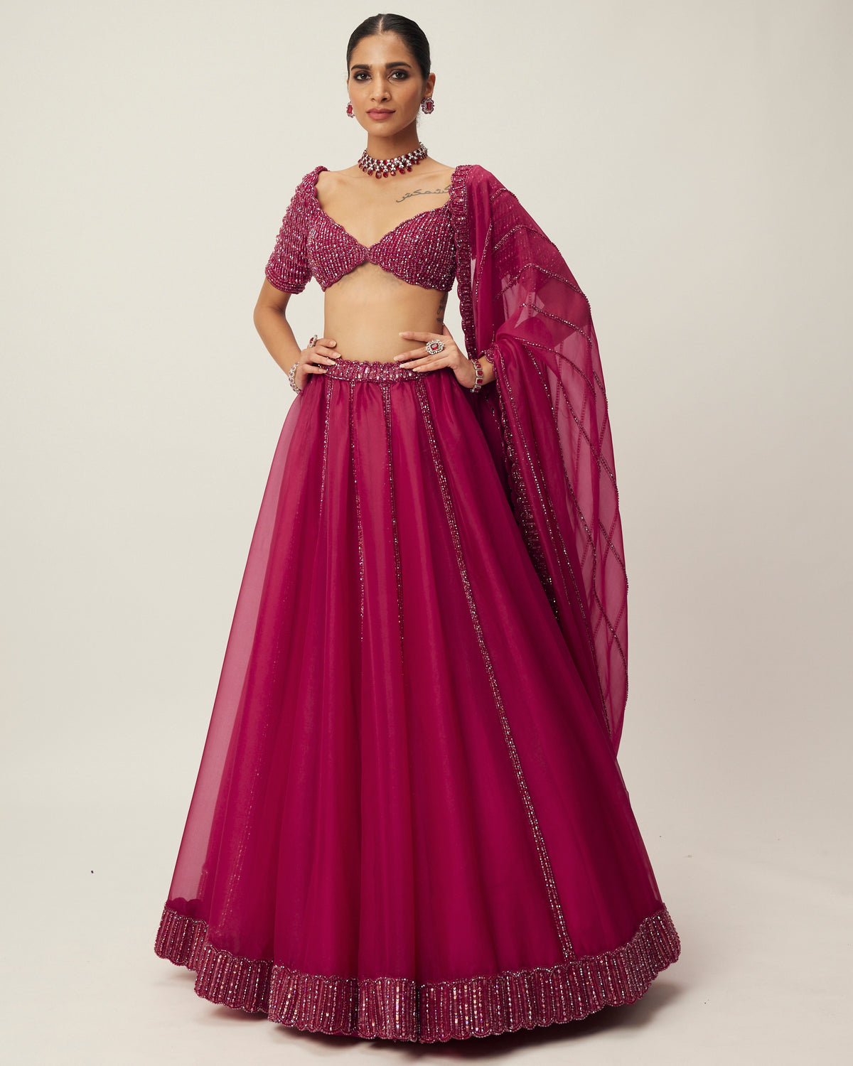 Ruby Red Organza Lehenga Set