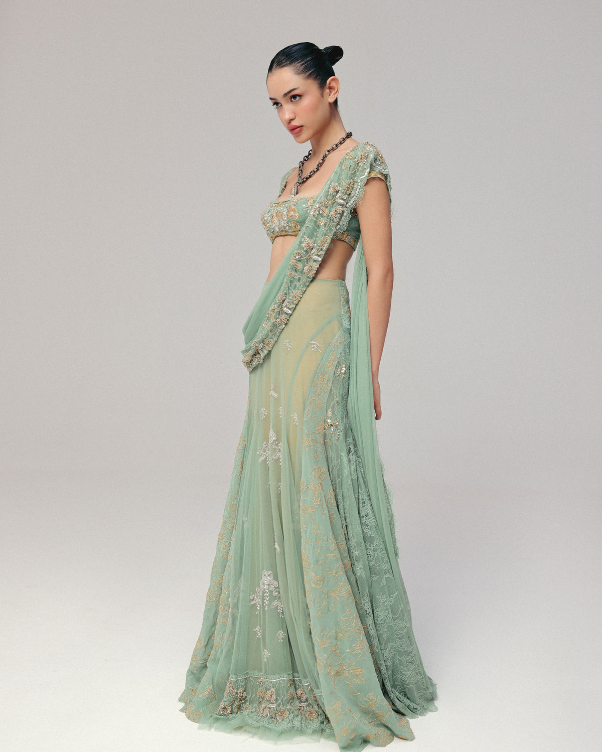 Green Zardosi Pre-Stitched Sari Set