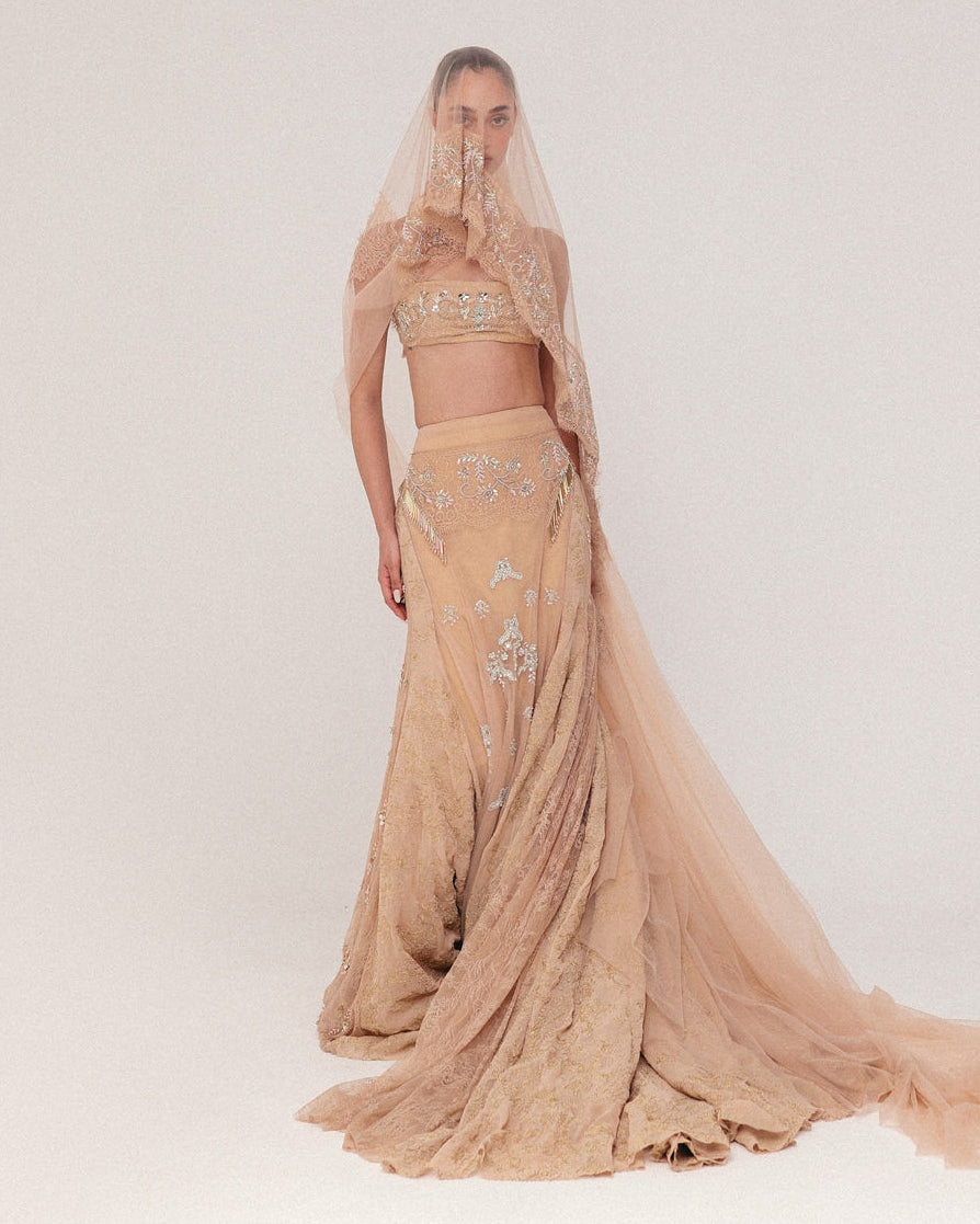 Peach Beaded Lace Skirt Set