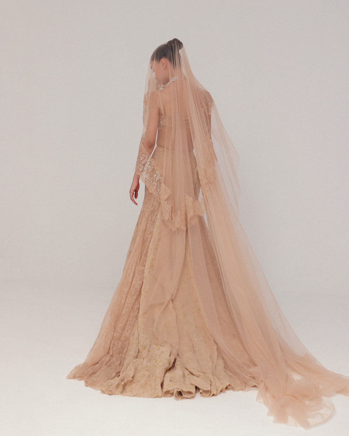 Peach Beaded Lace Skirt Set
