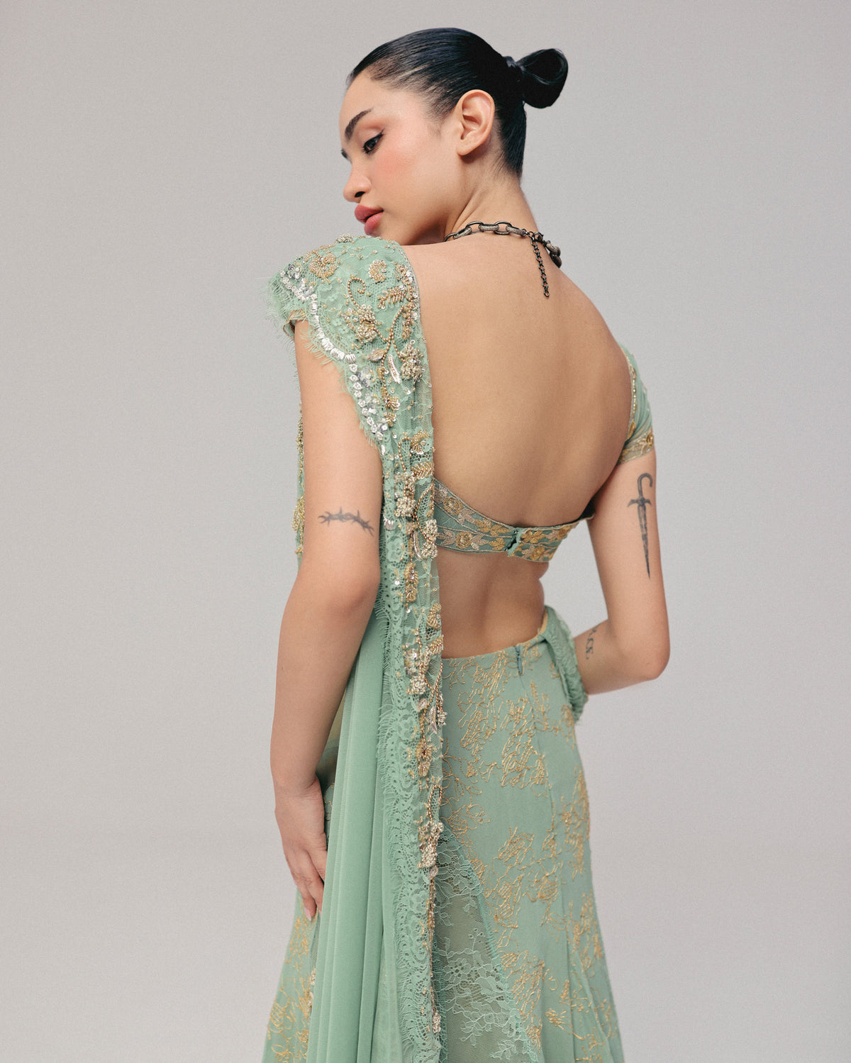 Green Zardosi Pre-Stitched Sari Set
