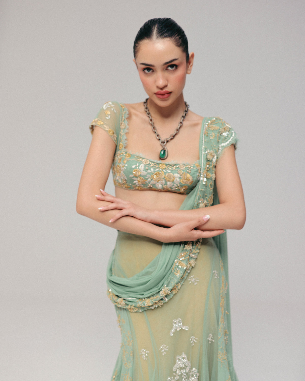 Green Zardosi Pre-Stitched Sari Set