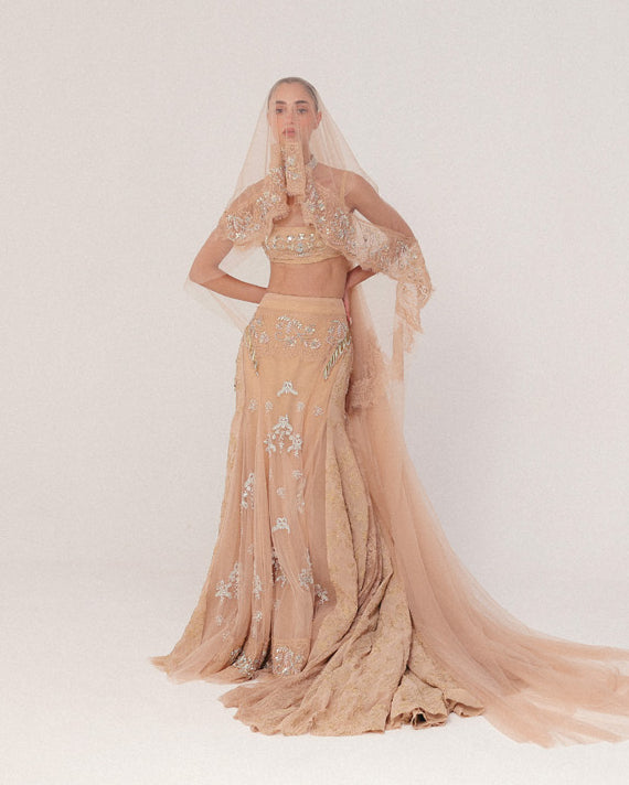 Peach Beaded Lace Skirt Set