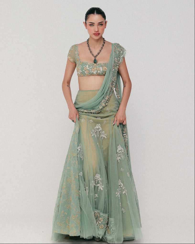 Green Zardosi Pre-Stitched Sari Set