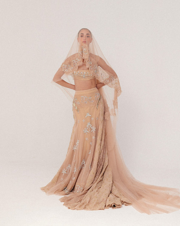 Peach Beaded Lace Skirt Set