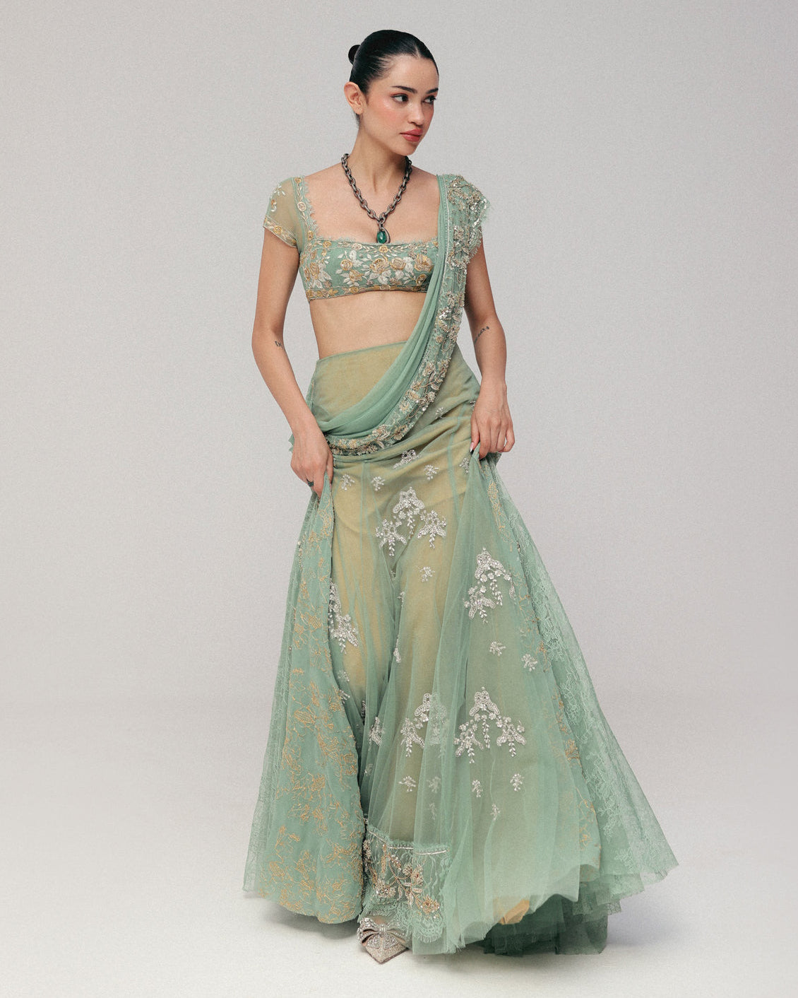 Green Zardosi Pre-Stitched Sari Set