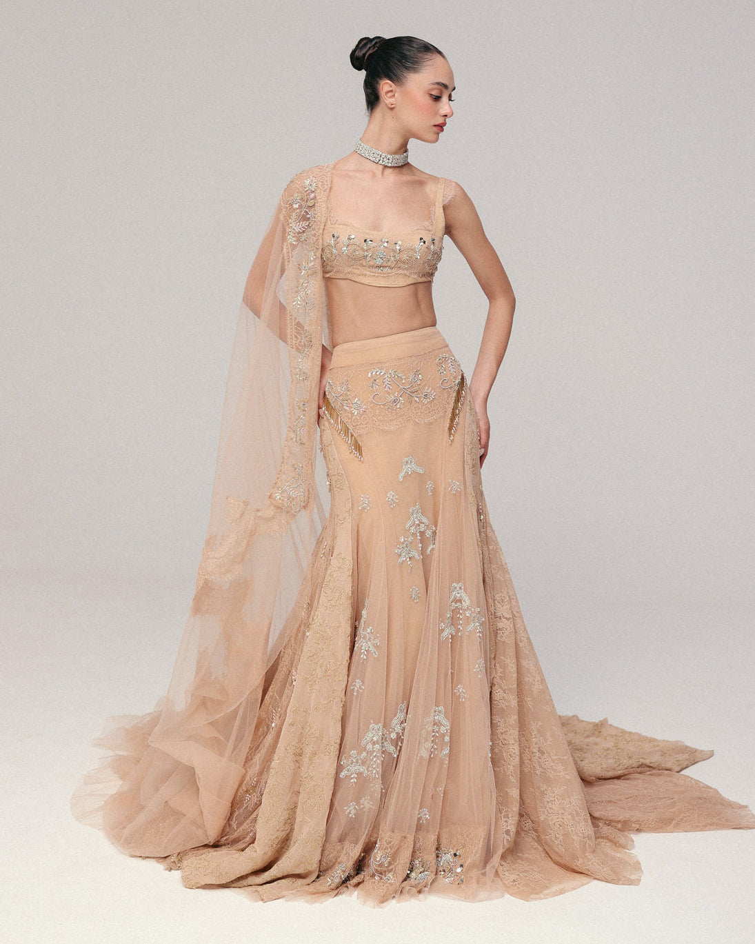 Peach Beaded Lace Skirt Set