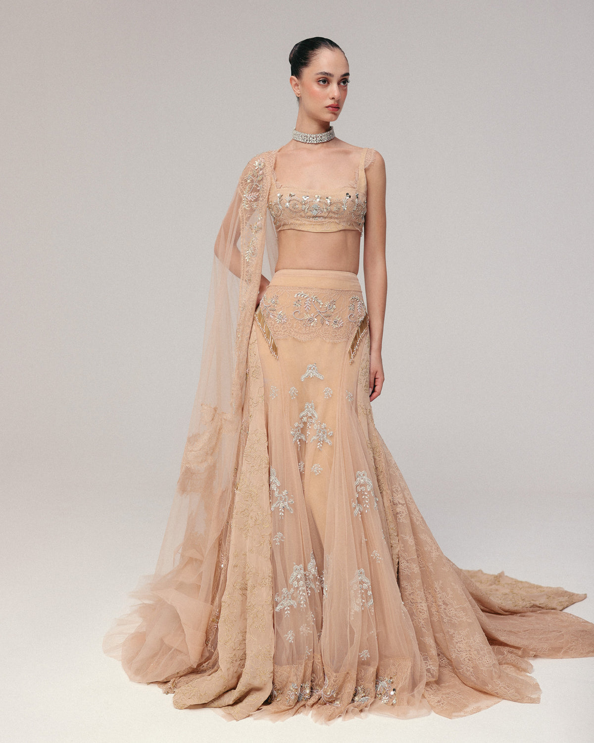 Peach Beaded Lace Skirt Set