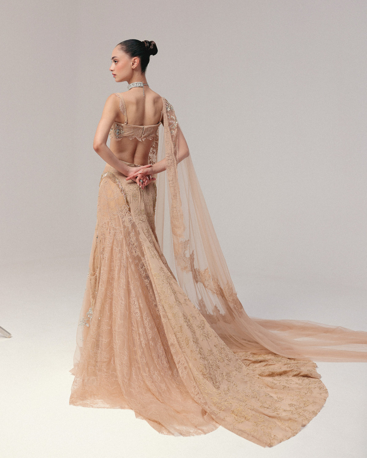 Peach Beaded Lace Skirt Set