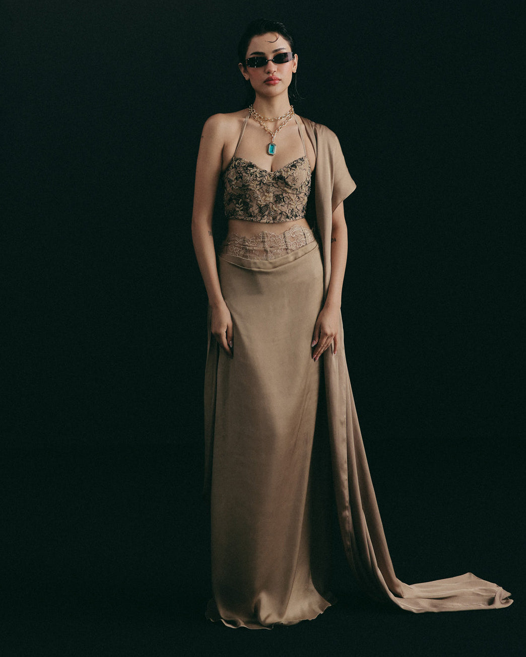 Beige Cutdana Corset Skirt Set