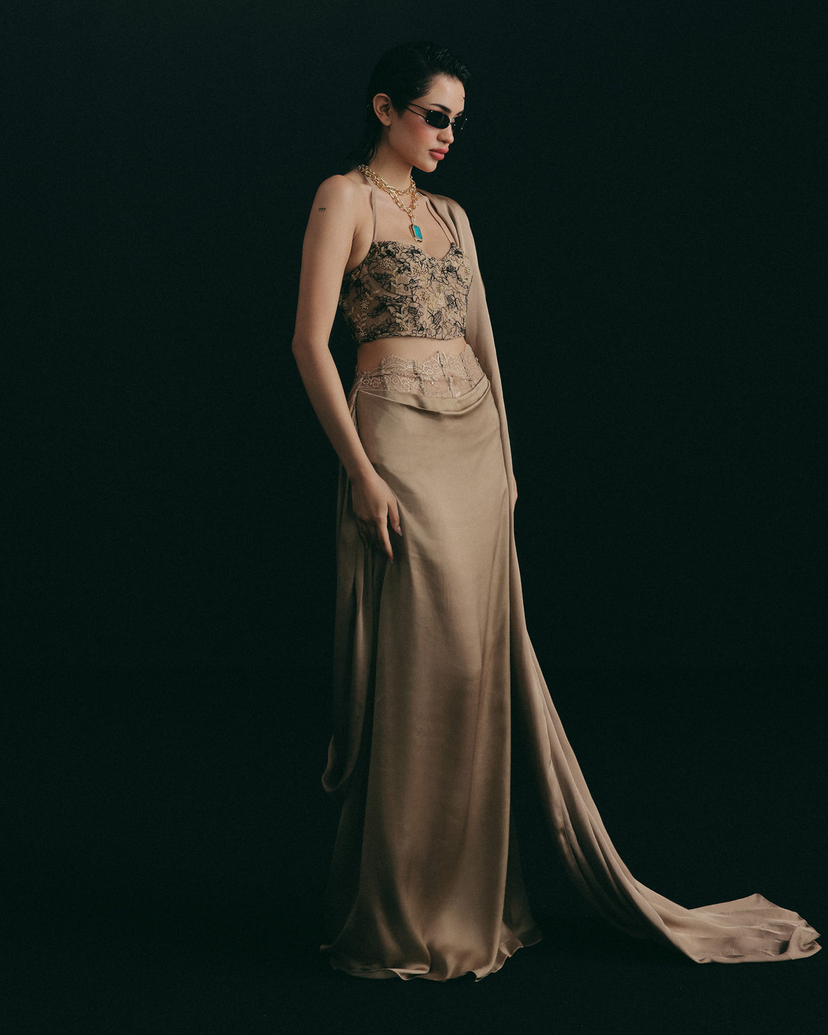 Beige Cutdana Corset Skirt Set