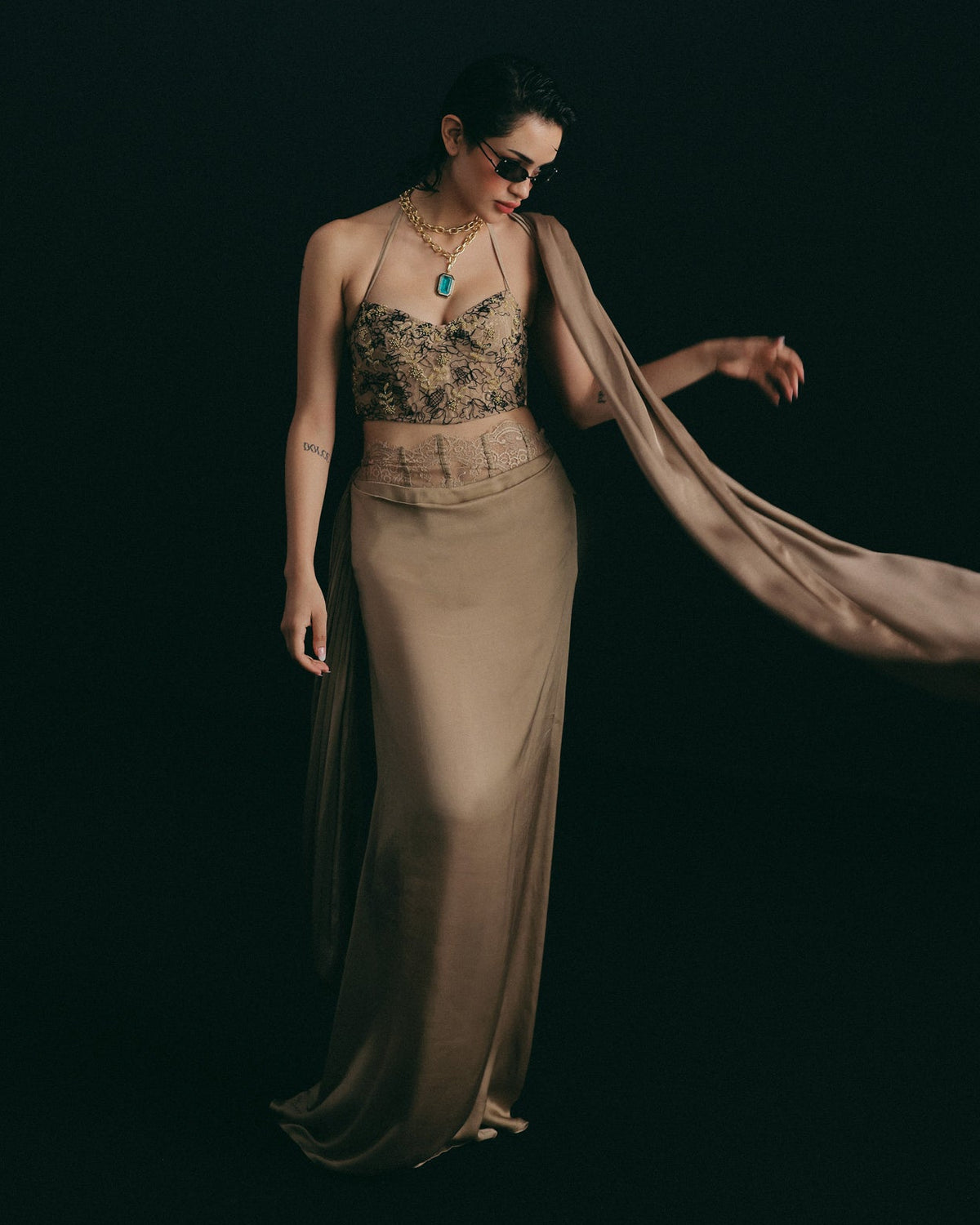 Beige Cutdana Corset Skirt Set