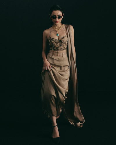 Beige Cutdana Corset Skirt Set