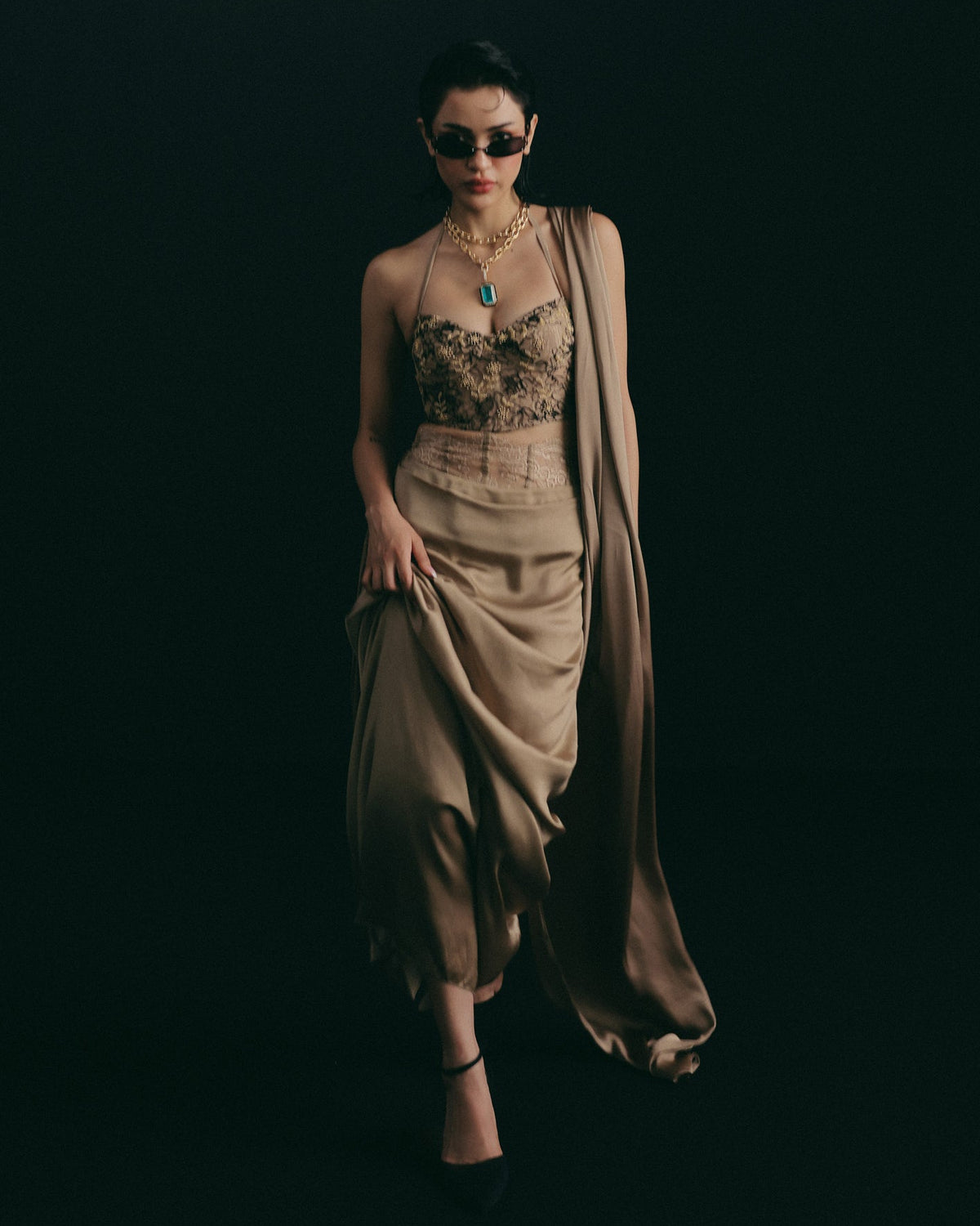 Beige Cutdana Corset Skirt Set