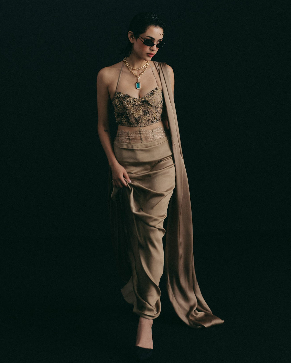 Beige Cutdana Corset Skirt Set