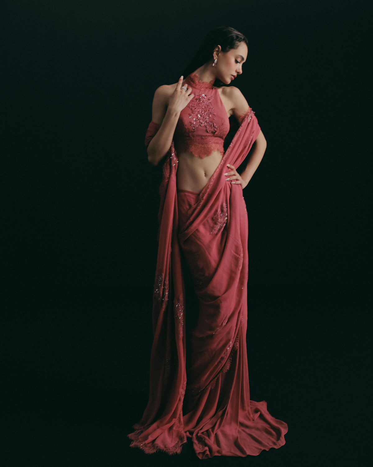 Red Zardosi Pre-Pleated Sari Set