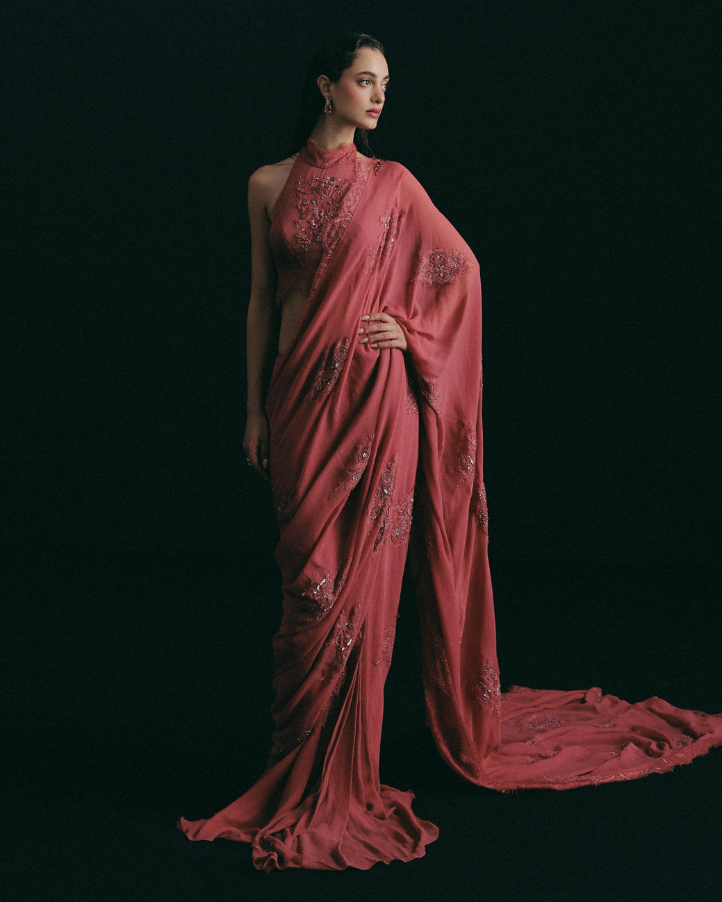 Red Zardosi Pre-Pleated Sari Set