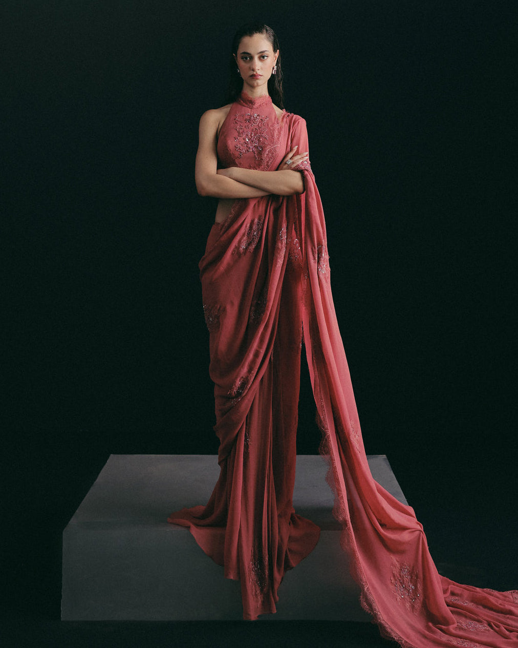 Red Zardosi Pre-Pleated Sari Set
