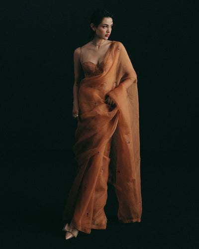 Orange Floral Organza Sari Set