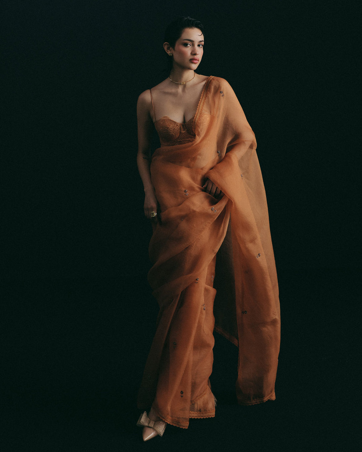 Orange Floral Organza Sari Set