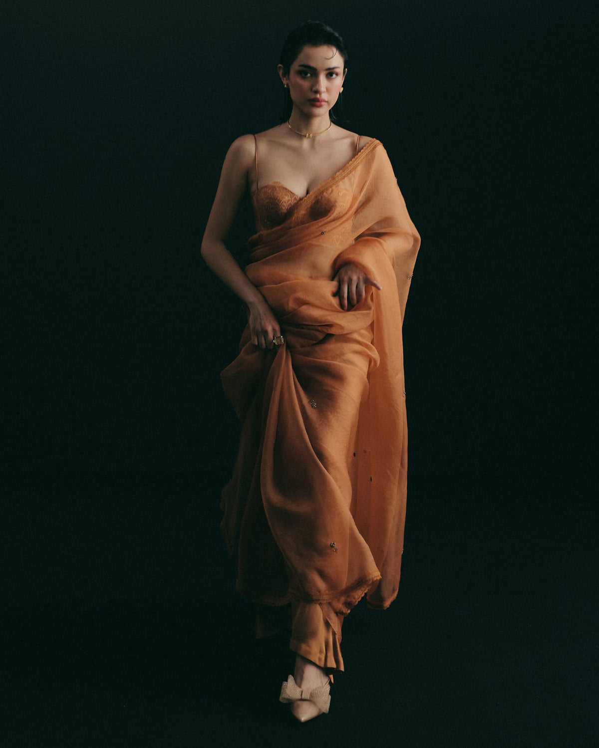 Orange Floral Organza Sari Set