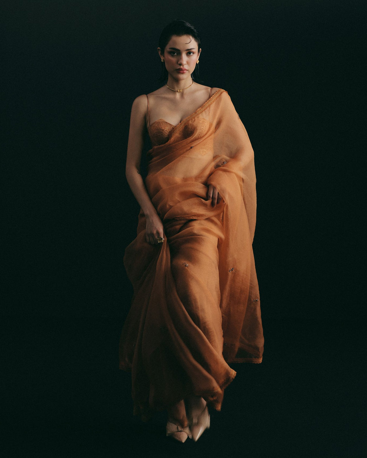 Orange Floral Organza Sari Set