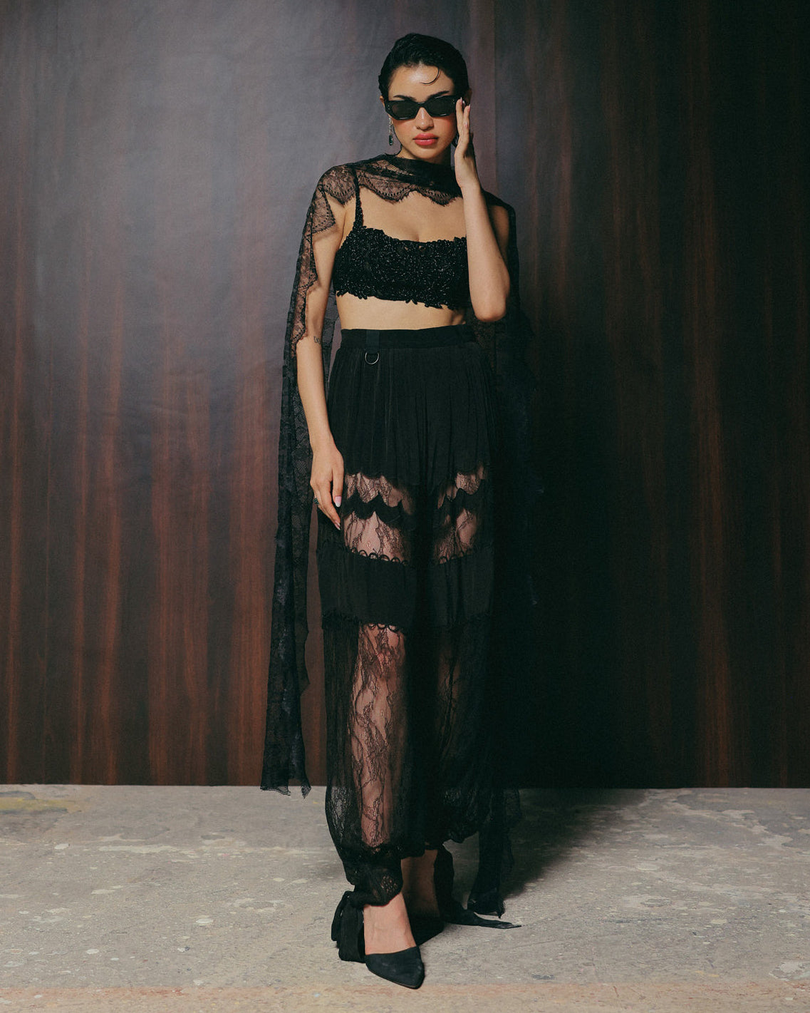 Black Cutdana Tulle Pant Set