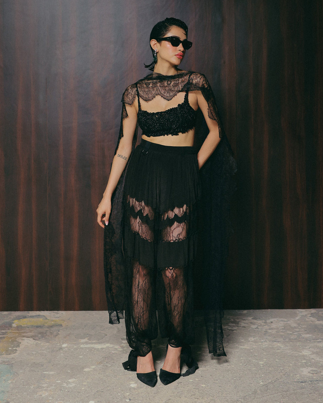 Black Cutdana Tulle Pant Set