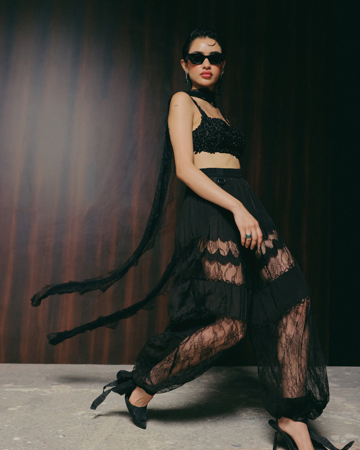 Black Cutdana Tulle Pant Set