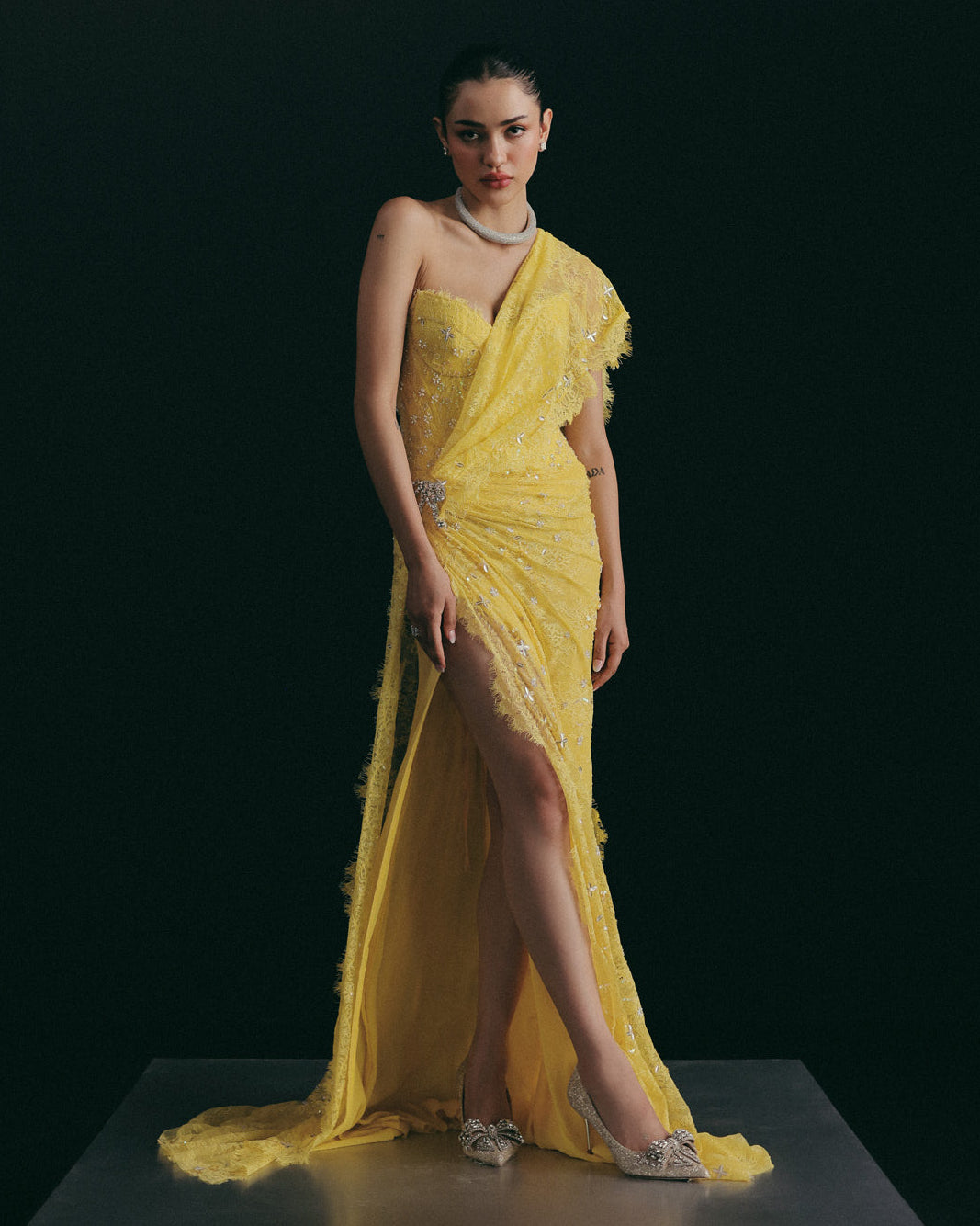 Yellow Sequin Corset Sari Set