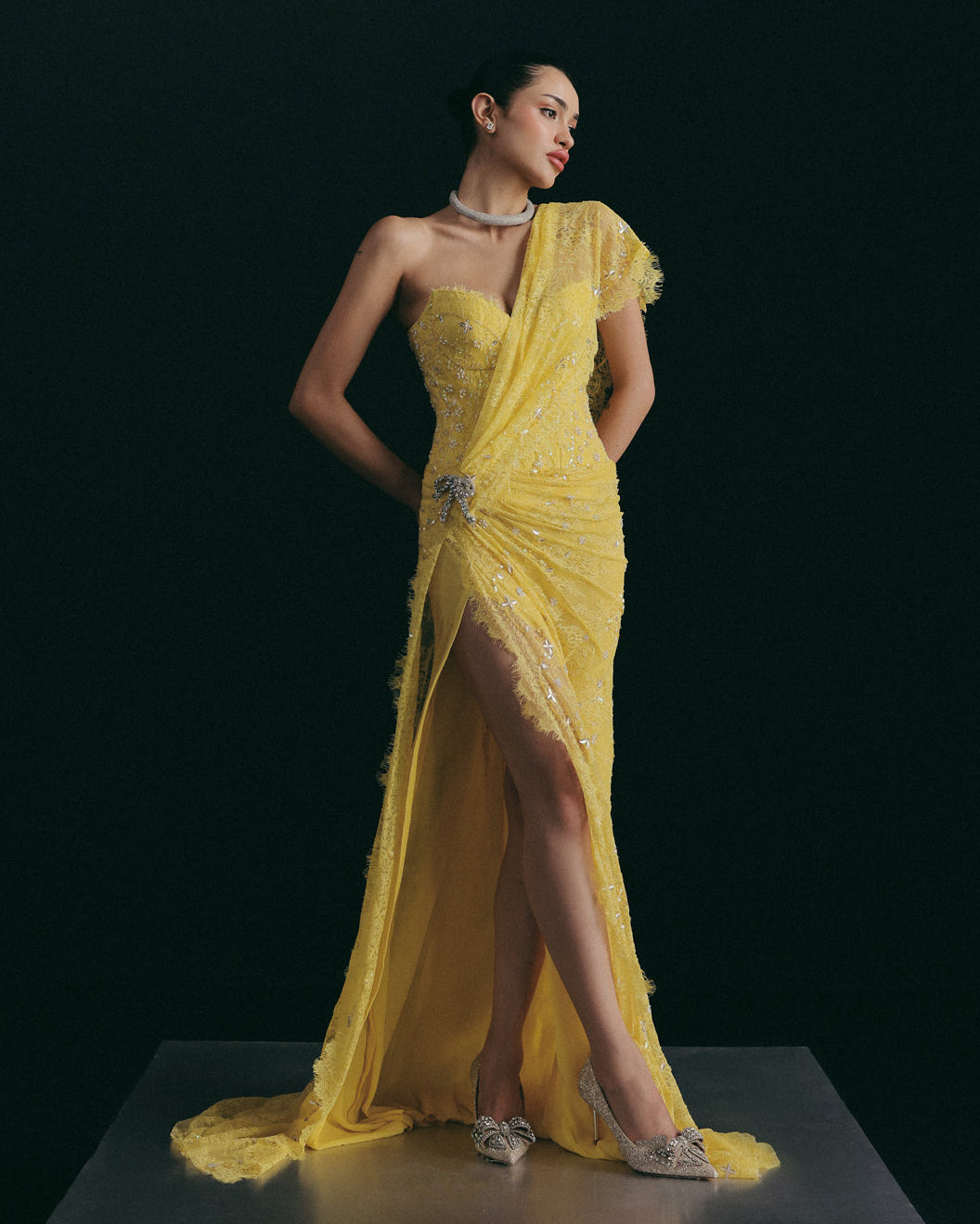 Yellow Sequin Corset Sari Set