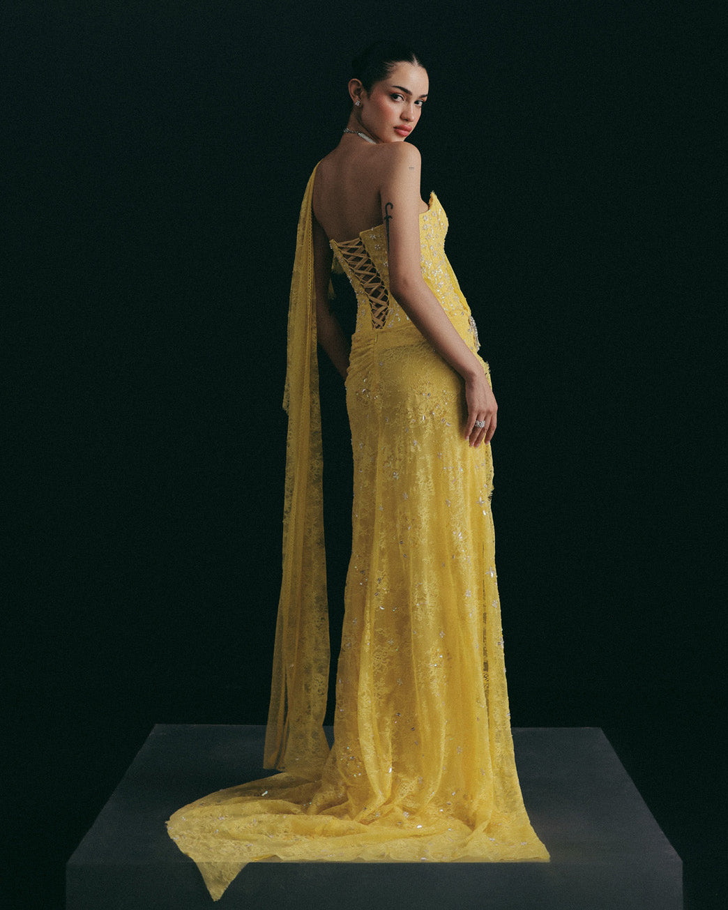 Yellow Sequin Corset Sari Set