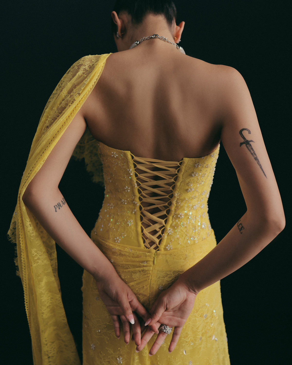 Yellow Sequin Corset Sari Set