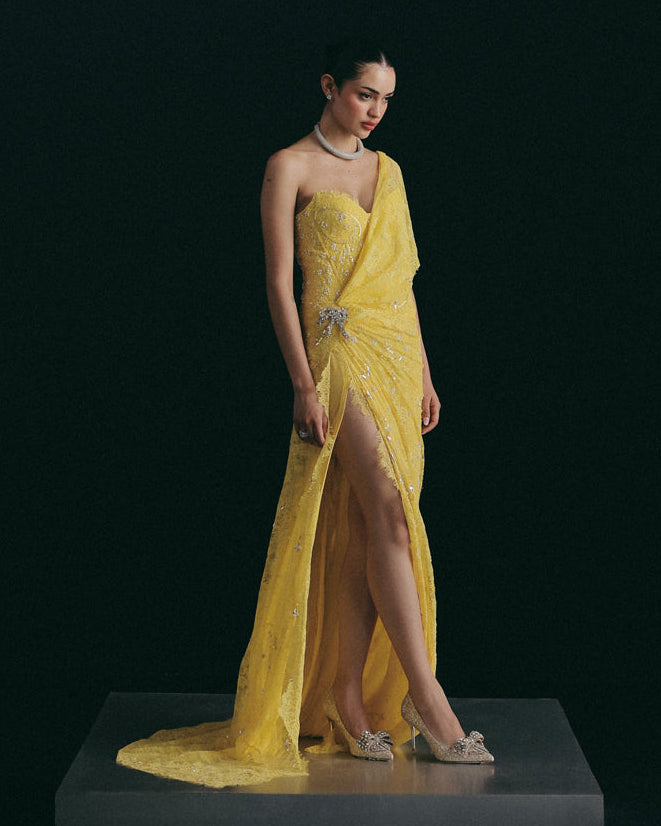 Yellow Sequin Corset Sari Set
