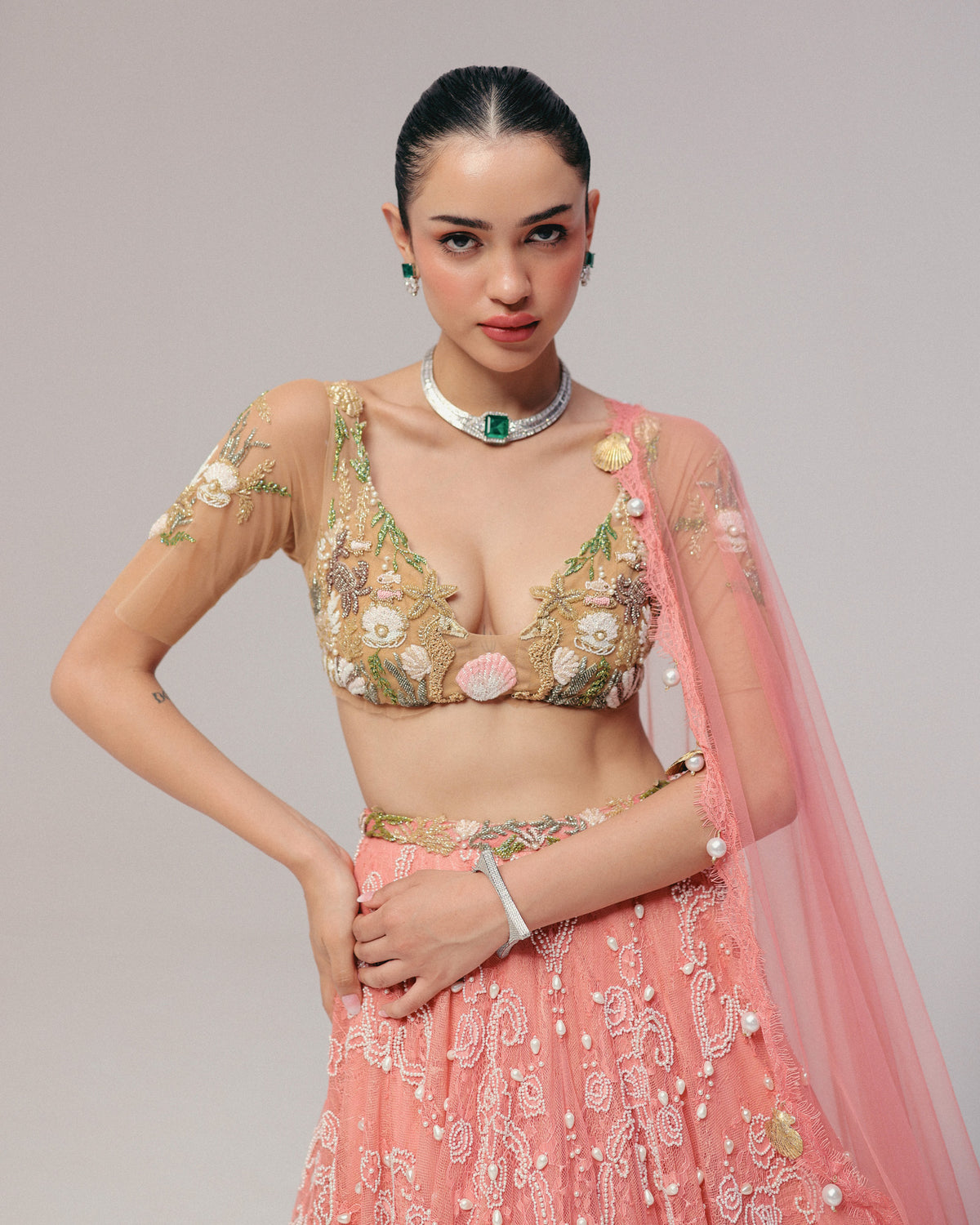 Pink Pearl & Shell Lehenga Set