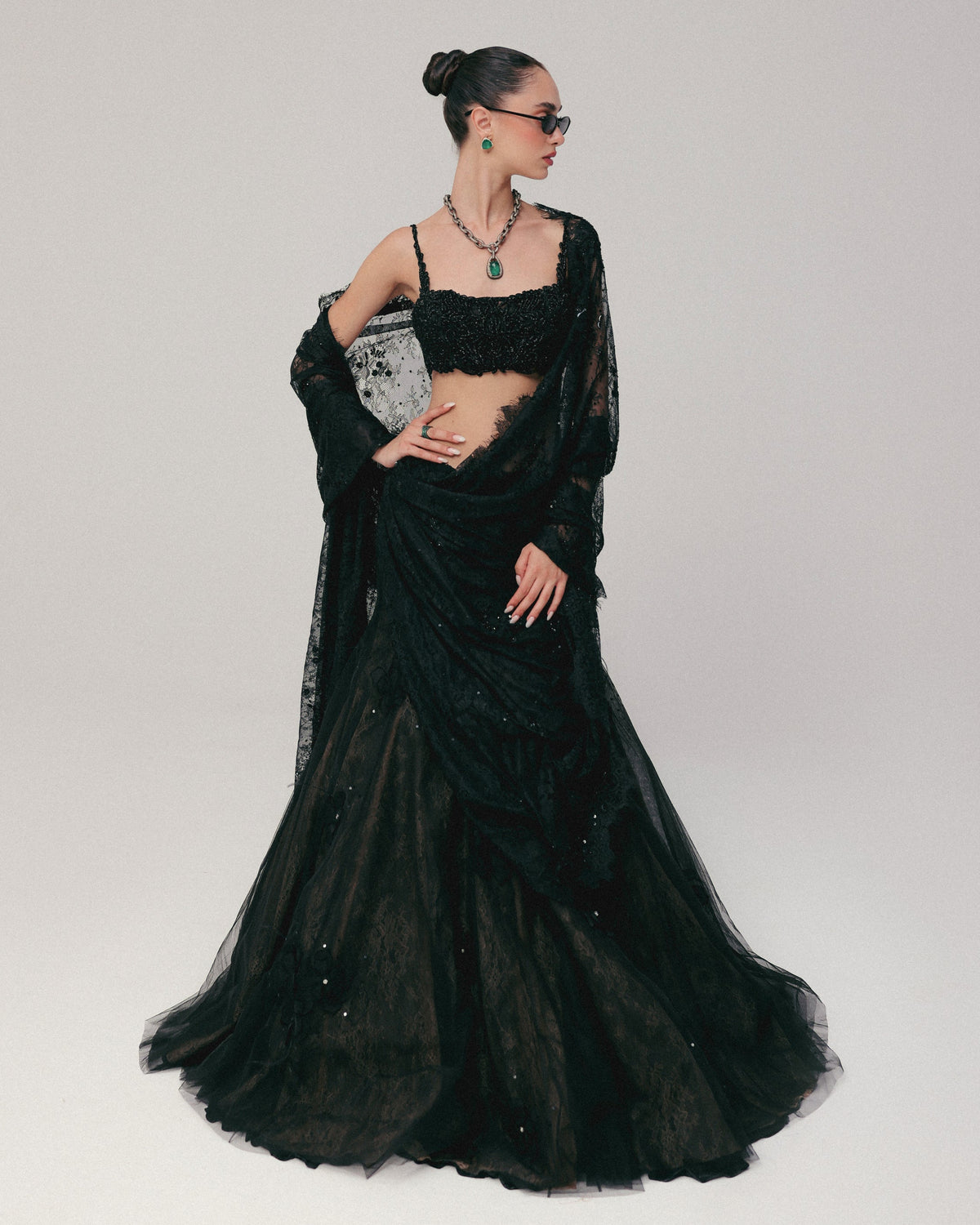 Black Poppy Crystal Lehenga Set