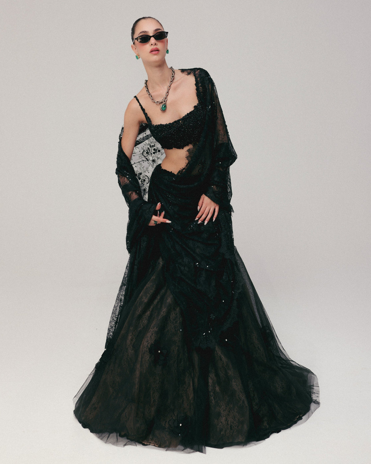 Black Poppy Crystal Lehenga Set