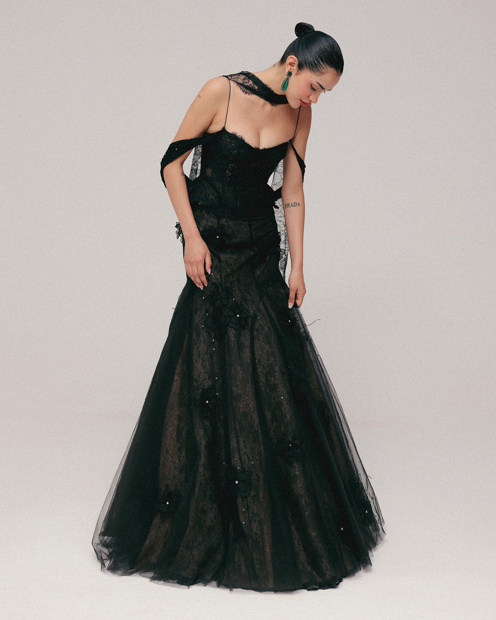 Black French Lace Corset Lehenga Set