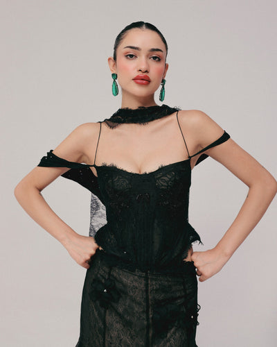 Black French Lace Corset Lehenga Set