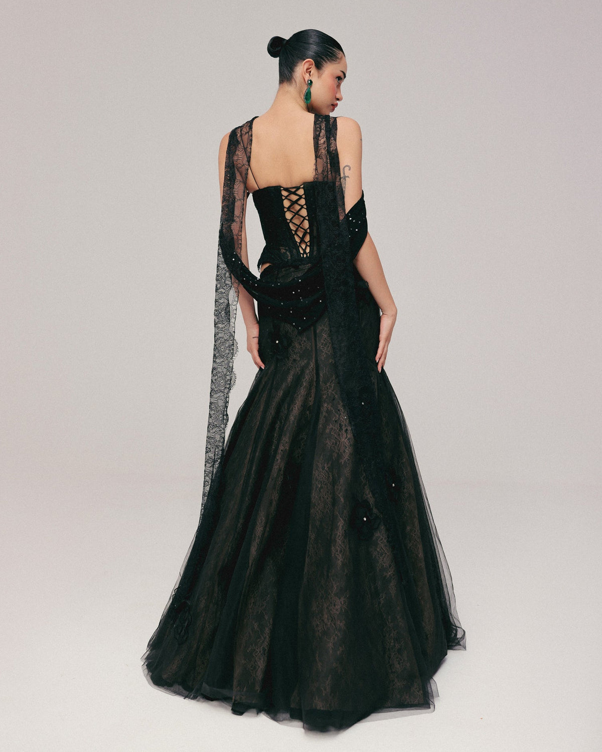 Black French Lace Corset Lehenga Set
