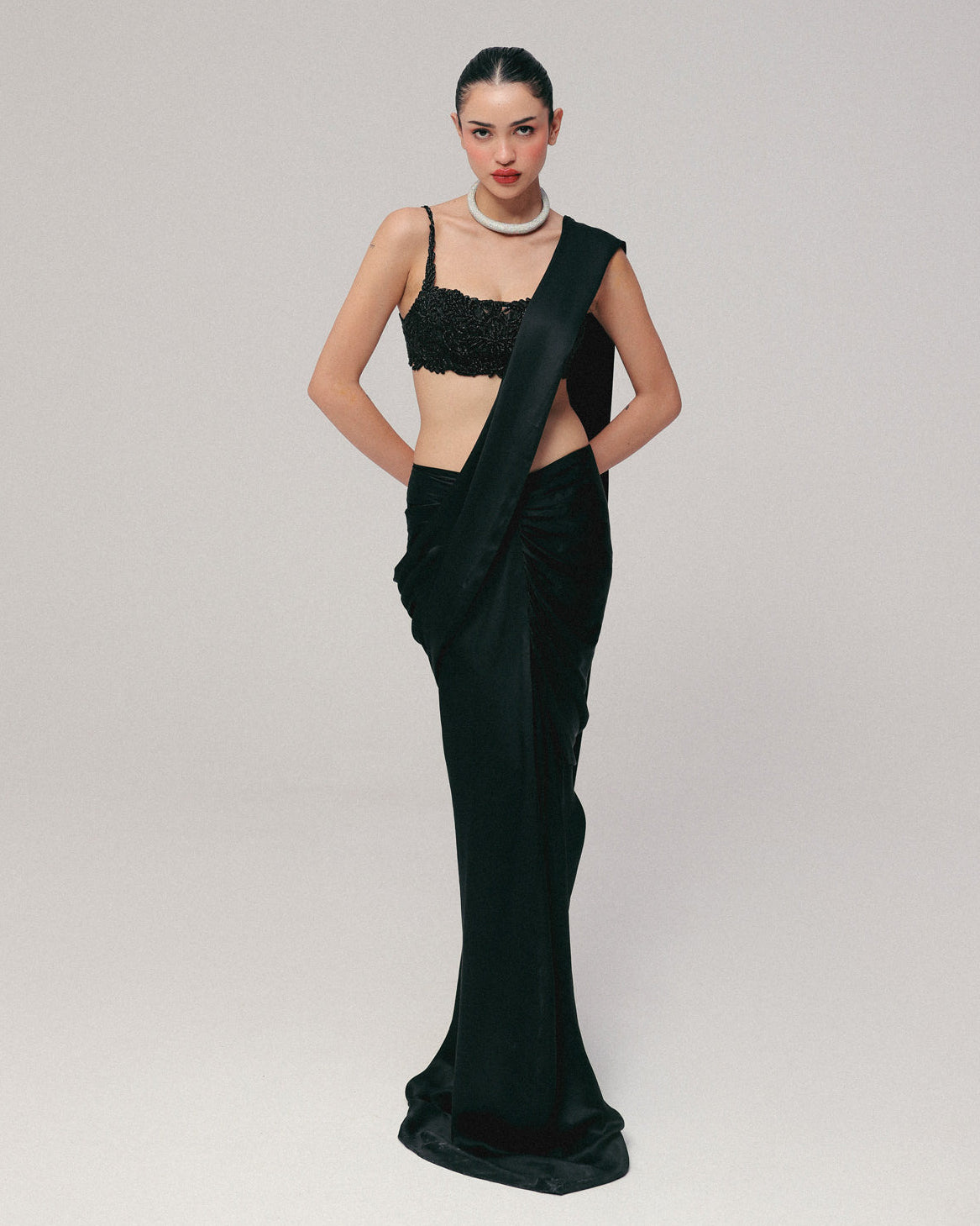 Black Cutdana Pre-Stitched Sari Set