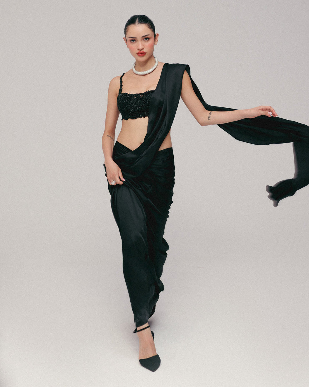 Black Cutdana Pre-Stitched Sari Set